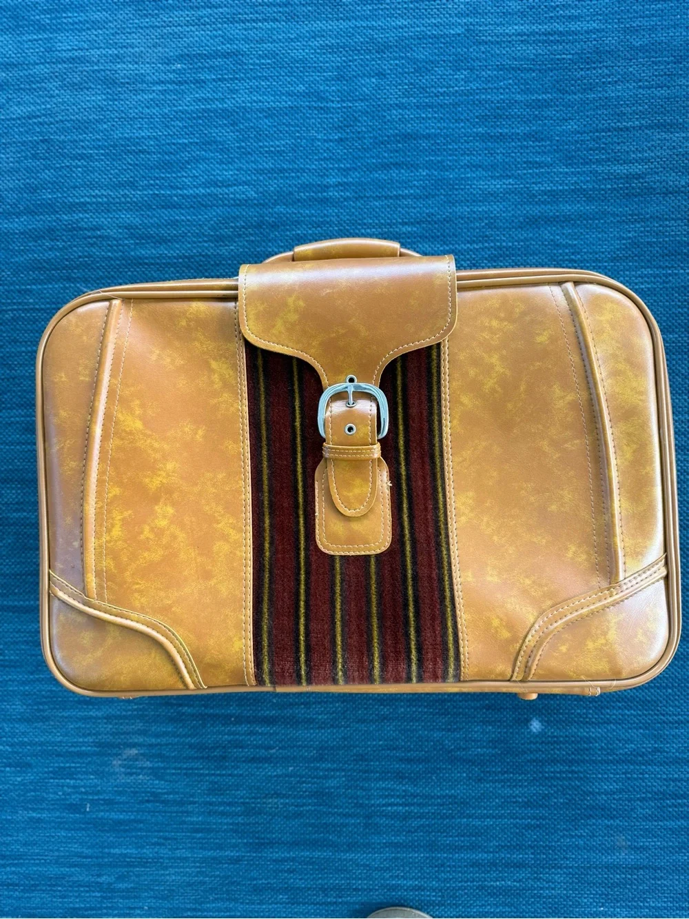 Vintage Men's Travel Suitcase Luggage in Cognac Brown Carpet Panel Accent